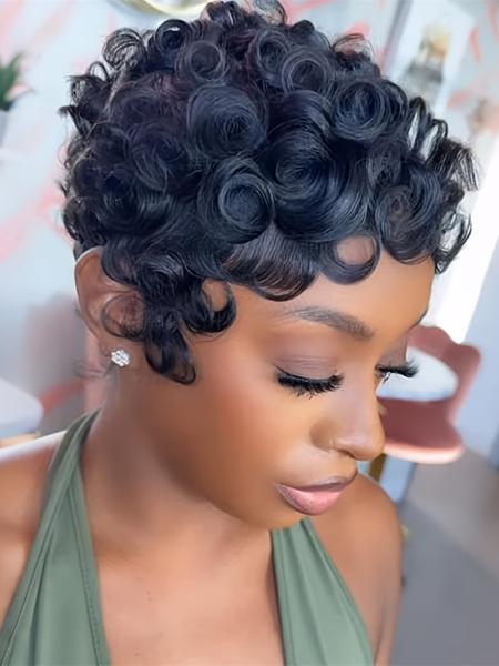 Human Hair Pixie Cut Wig, Short Curly Wavy Wig with Bangs, Natural, Rose Net Cap, Elegant Style for Women, Daily Use, Pixie Wigs
