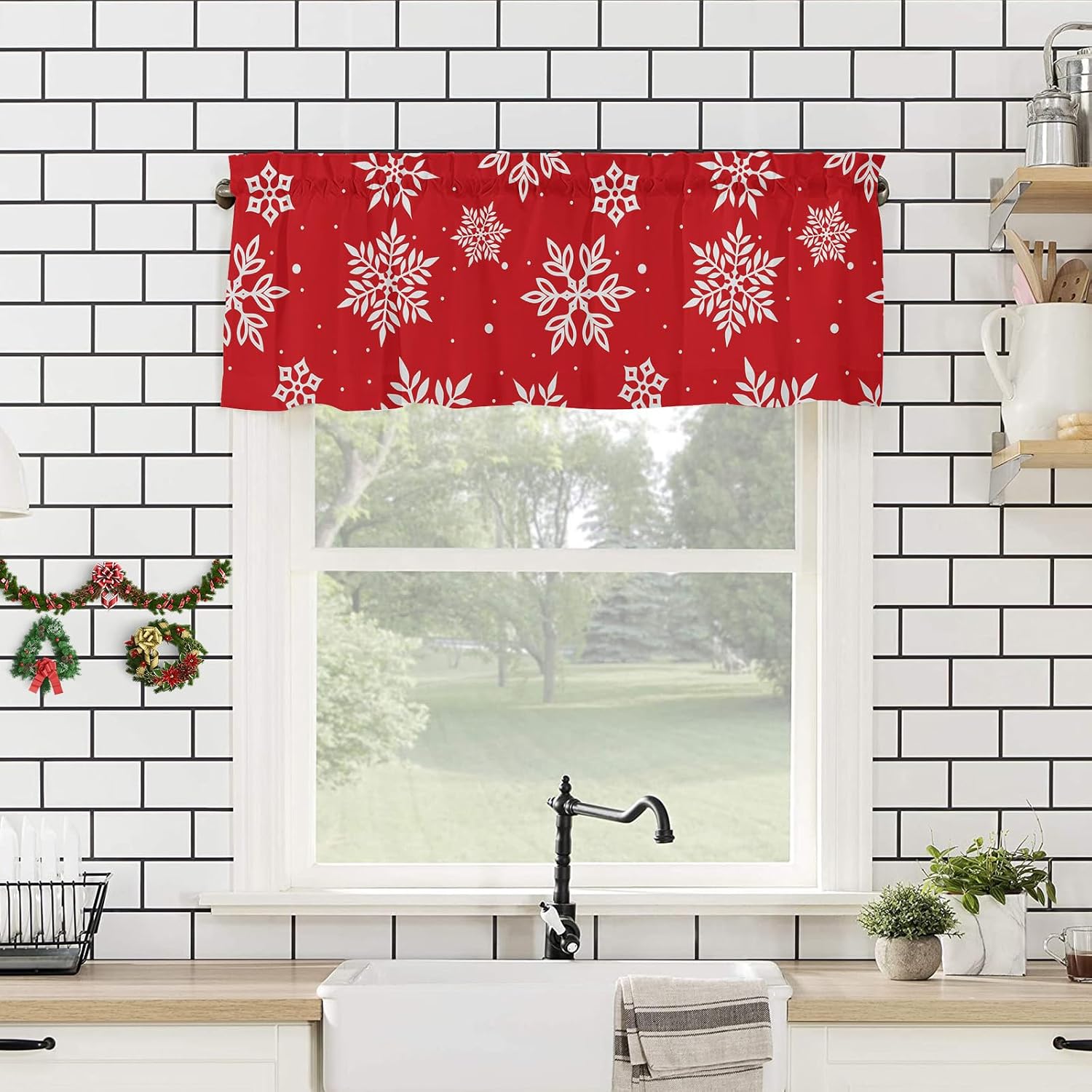 Christmas Window Curtain Valance for Kitchen Bedroom, Snowflakes Printed Red Short Curtain Valance Christmas Decoration Rod Pocket for Bathroom Living Room,54" x 18", 1 Panel