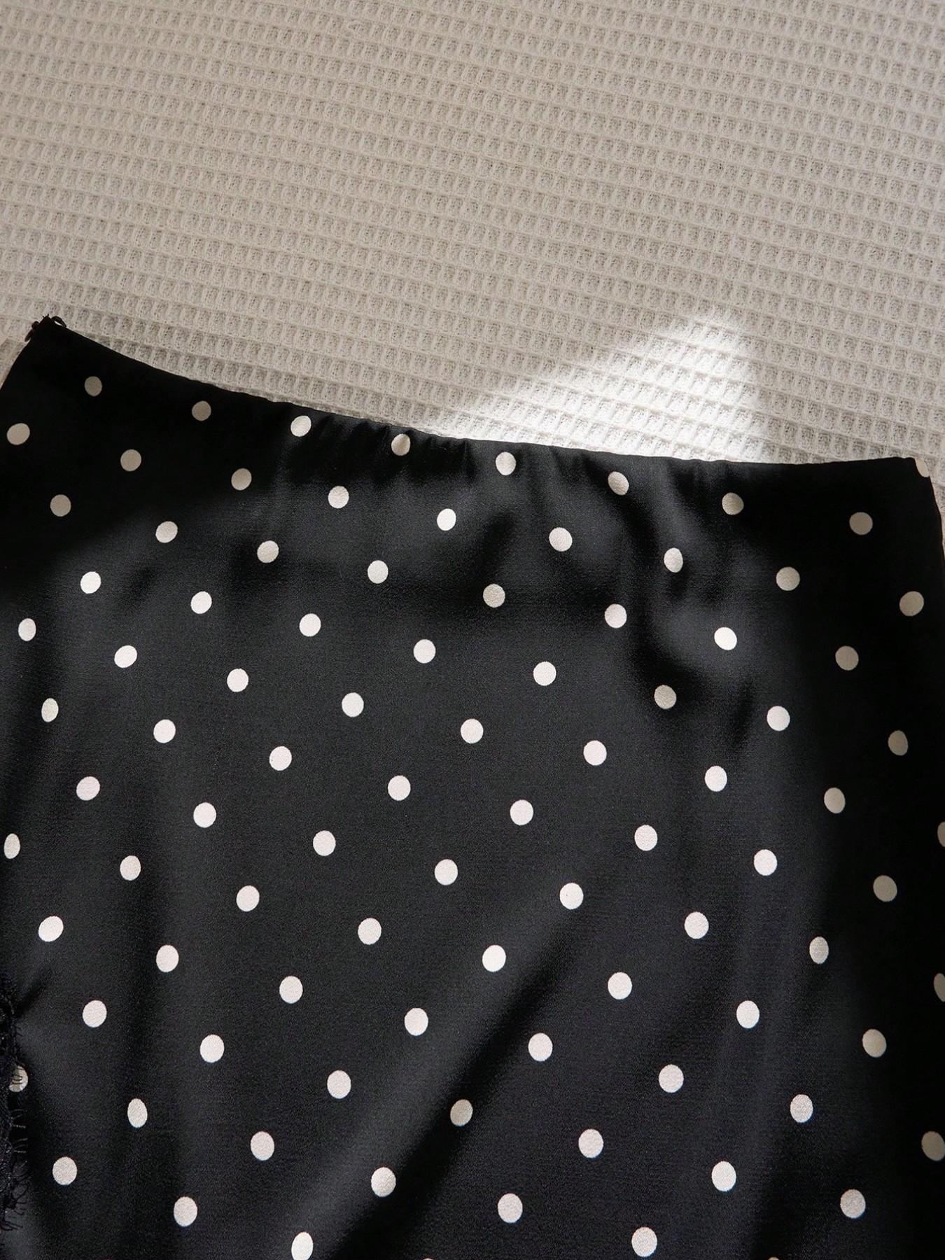 Polka Dot Satin Lace High Waist A-Line Mini Skirt, Elegant Vintage Smooth Casual Flowy Short Dress for Women