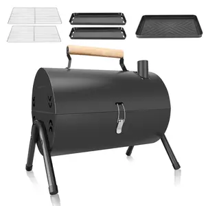 Black Portable Tabletop Charcoal Grill & Smoker - Small Outdoor BBQ with 2 Carbon Troughs, 2 Baking Nets, 1 Baking Pan - Sports & Outdoor Essential for Picnic, Backyard, Beach