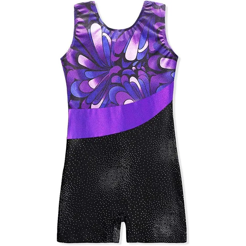 Girls Sleeveless Biketards Gymnastics Leotards with Shorts Sparkle Butterfly Flowers Pattern Hotpink BlackGift
