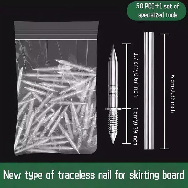 50 Invisible Dual-Head Nails + 1 Installation Socket, Traceless Hidden Nails for Baseboards, Edging, Furniture Fixing