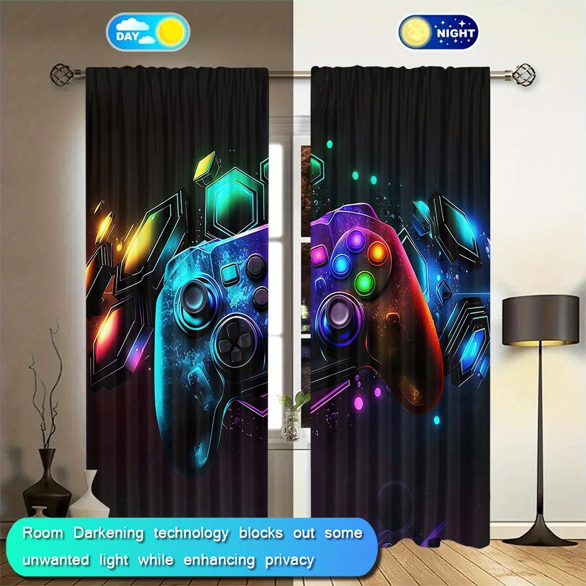 2 Piece Background Color Game Controller Print Curtains, Semi-Transparent Polyester Fiber, Rod Pocket Design