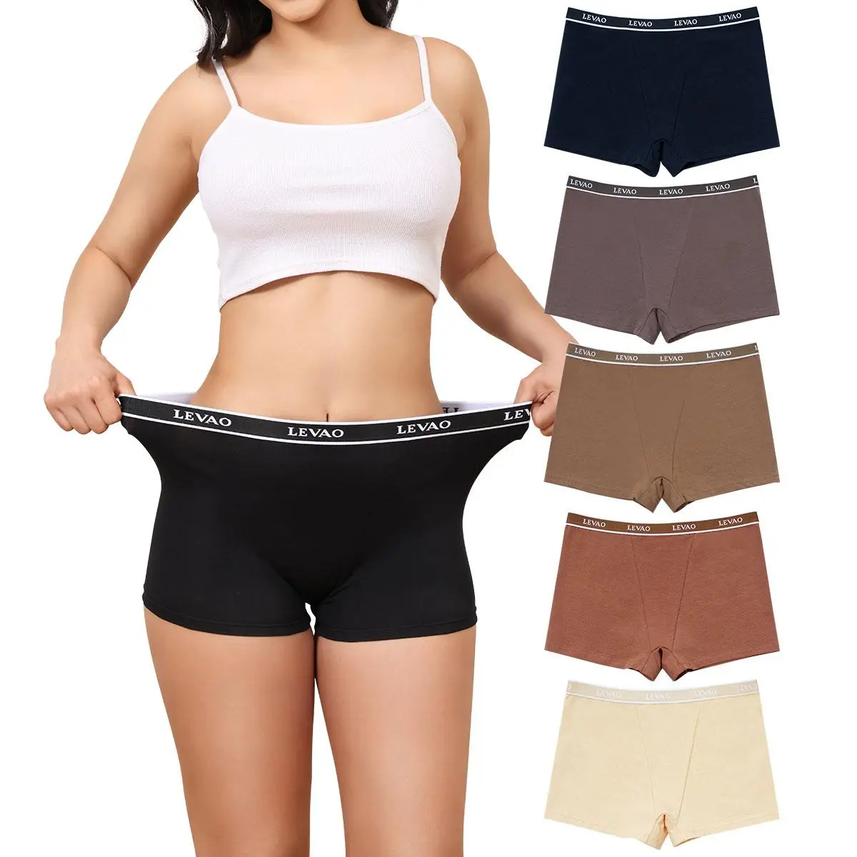 LEVAO Women's High Waisted Cotton Boyshort Panties 5 Pack, Soft Stretch Full Coverage Underwear, Breathable, Sizes S–XXL