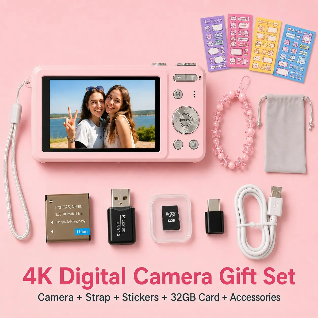 4K HD Digital Camera for Photos & Videos, Cute CCD-Style Campus Camera with Slide Cover, Digital Zoom Camera, Includes 4Stickers, Perfect Birthday Gift for Girls, Girlfriend & Friends