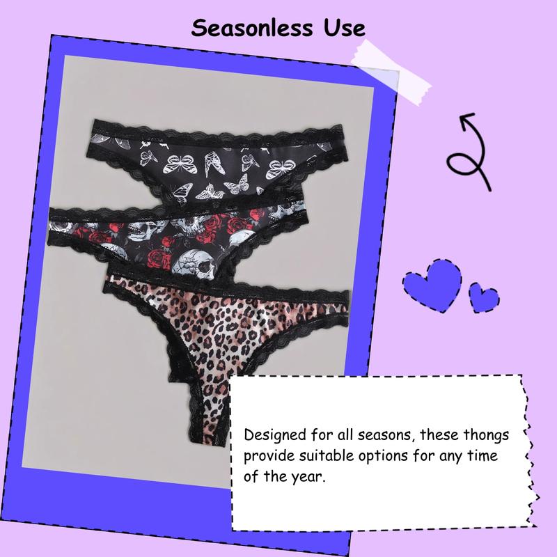 3-Pack Sexy Lace Trim Low Waist Thongs, Unique Butterfly Chain Print for Halloween, Comfortable Fitted Women's Underwear, Trim Lace Panty