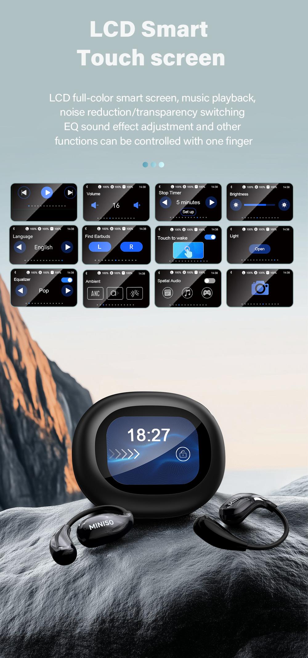 MINISO MS189 Wireless Earbuds Full Color Display Touch Earbuds Open Ear Wireless Headphones for iPhone and Android Headphones LED Touchscreen Earbuds Ear Hooks Design ,With HD Mic, Waterproof,24H Playtime, Bluetooth 5.4 Earbuds, Gaming with Low Latency