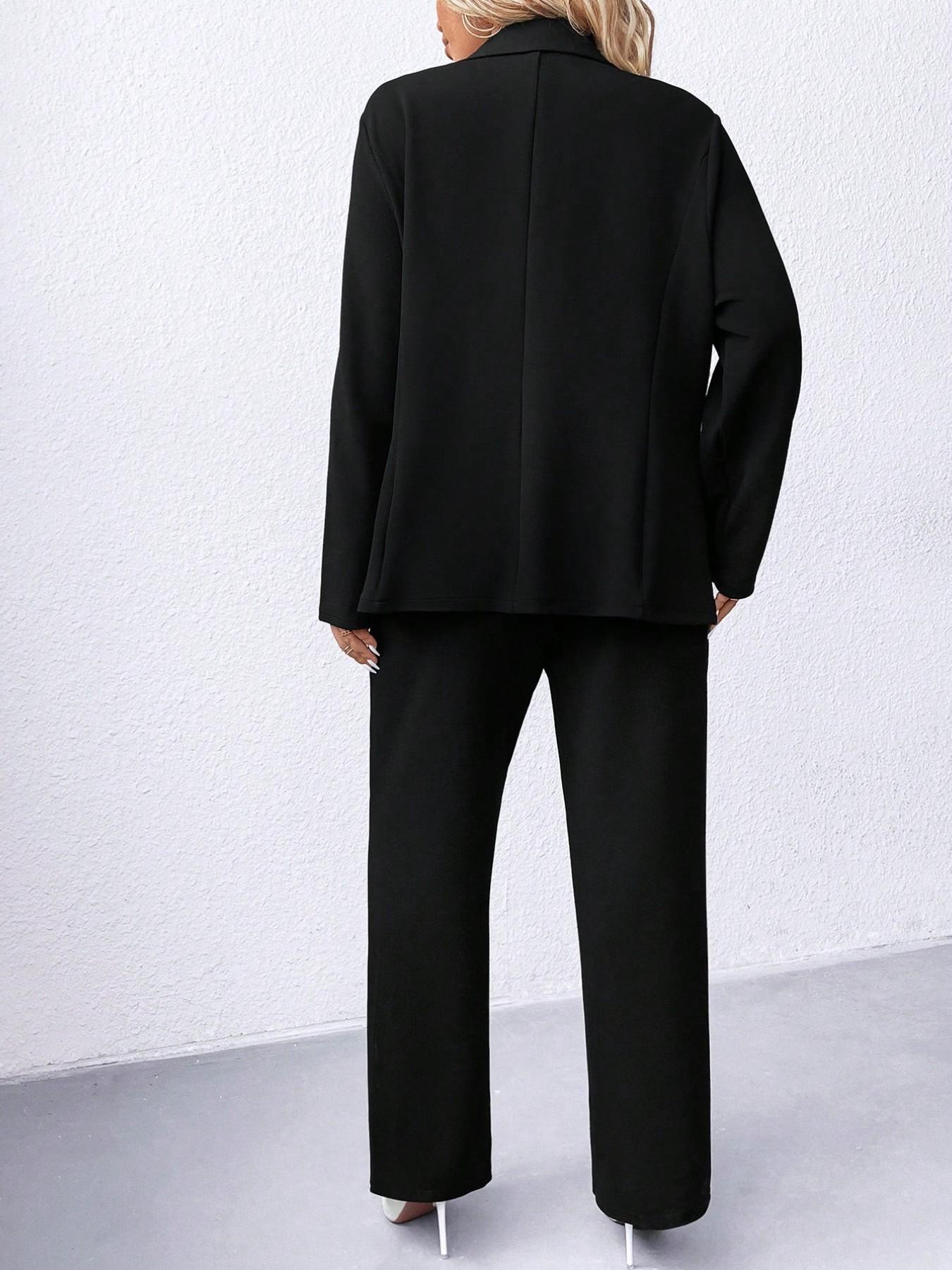 Plus Size Women's Suit Set Fit, Lapel Button Blazer + High Waist Wide Leg Pants, Stretchy Comfortable Fabric, Office Casual Style