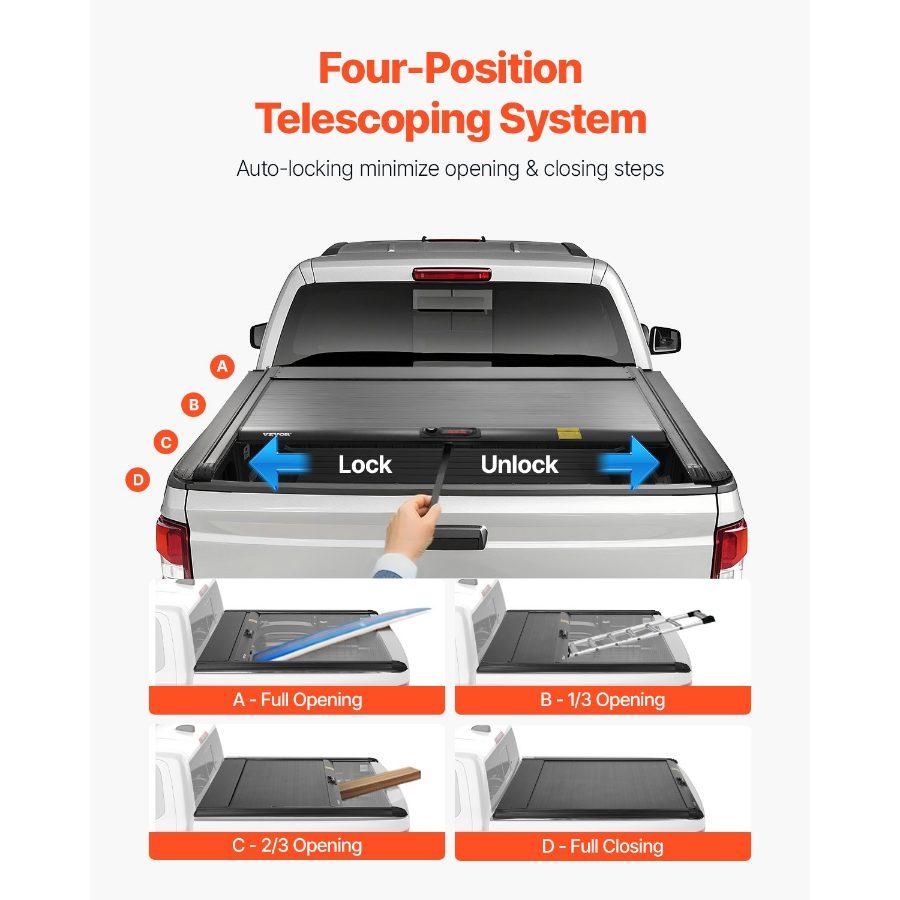 VEVOR Retractable Tonneau Cover, 5.5 ft Retractable Tonneau Cover with Built-in Drainage Pipe for 2021-2024 Toyota Tundra Crew Cab w/ Deck Rail System, Hard Tonneau Cover with Double-Lock T-Slot
