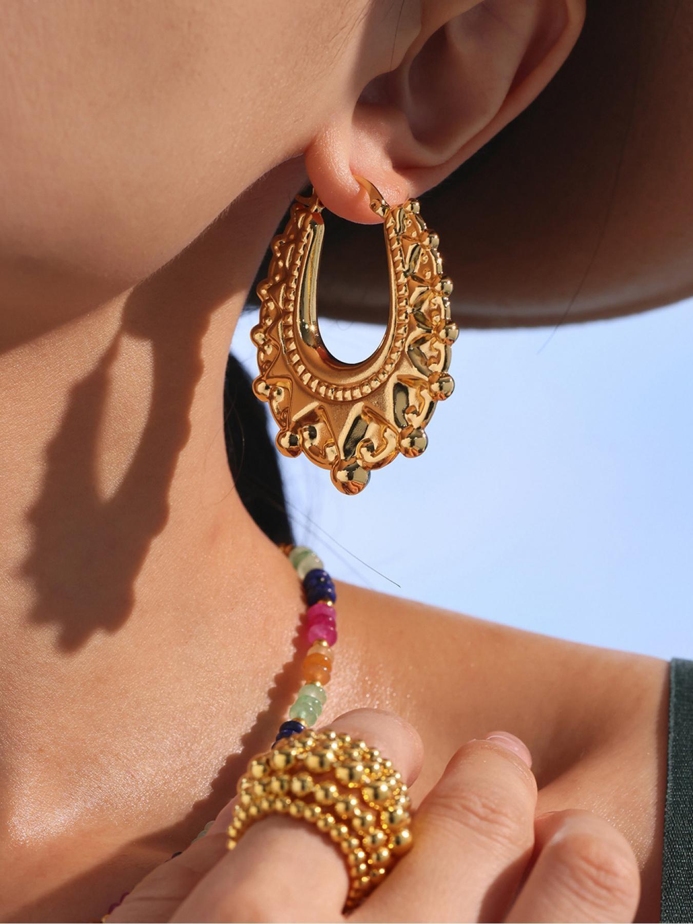 Women's 50mm Vintage Carved Creole Bohemian Earrings, Elegant Large Oval Design, Perfect Gift for Mom Wife Girlfriend, Fashion Jewelry Accessories