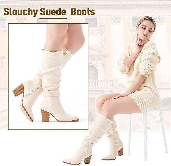 Women's Pointed Toe Knee High Boots Faux Suede Slouch Boots with Chunky Heel Women's Pointed Toe Knee High Boots Faux Suede Slouch Boots with Chunky Heel