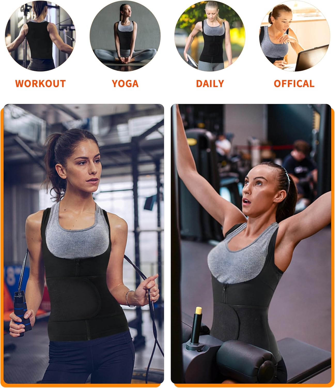 Women's Adjustable Zipper Sauna Tank Top, Tummy Control Shapewear Sleeveless Sauna Waist Trainer Vest Shirt for Women, Lady Workout Yoga Gym Exercise Clothing, Fajas Para Mujer