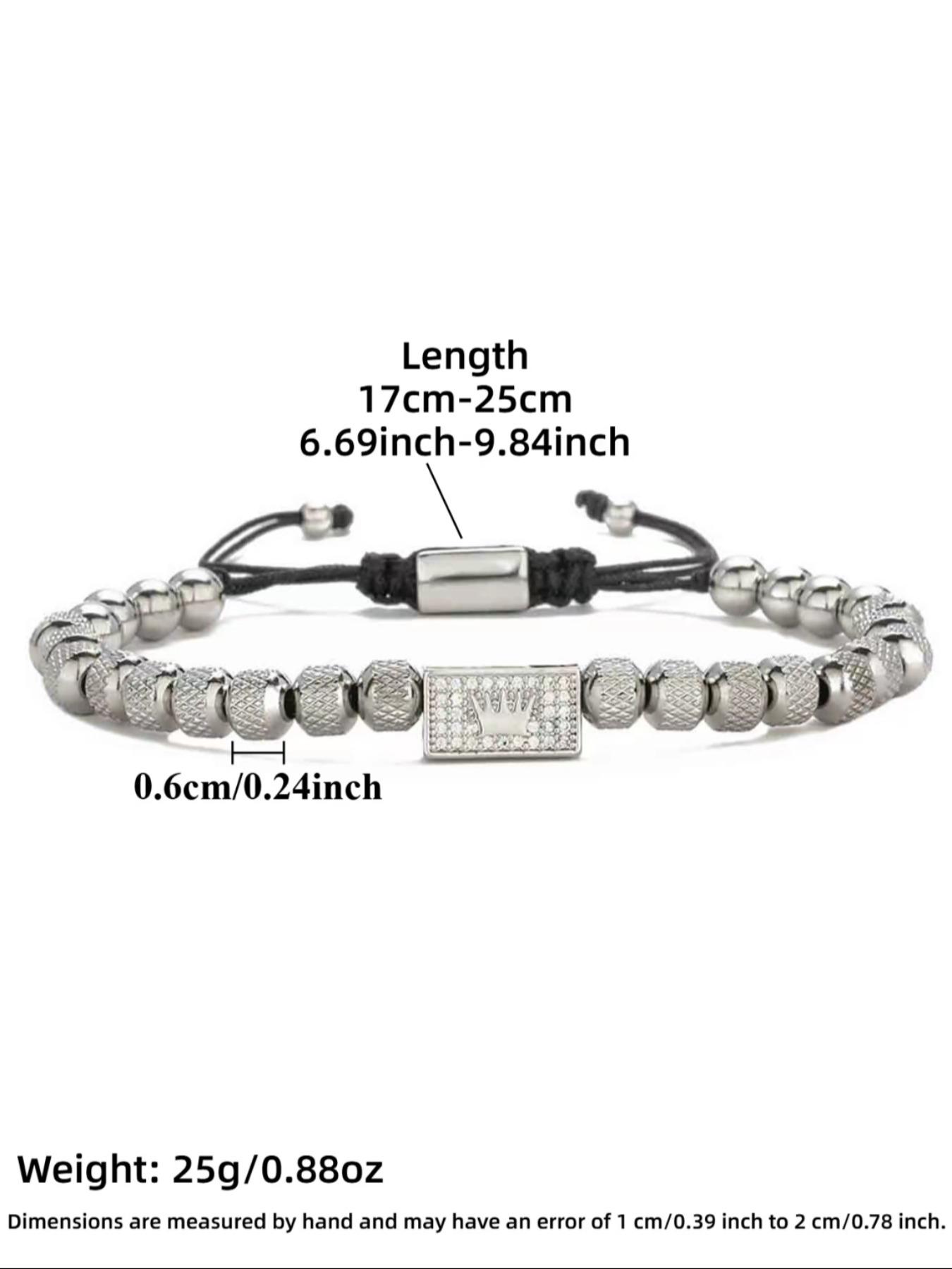 Vintage Stainless Steel Beaded Zircon Crown Bracelet, Adjustable Casual Men's Party Wristband, Chain Print, All Seasons