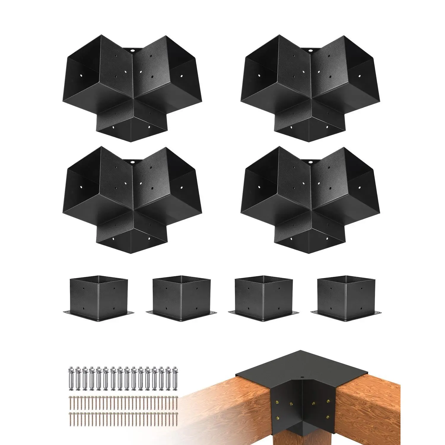 VEVOR Pergola Bracket Kit, 6x6 Inch (Inner Size 5.5x5.5), 4 Pcs 3-Way Heavy Duty Corner Bracket Woodworks DIY Post Base Kit, Easy Installation Wooden Beams for Gazebos, Patio Pergolas, Log Cabin