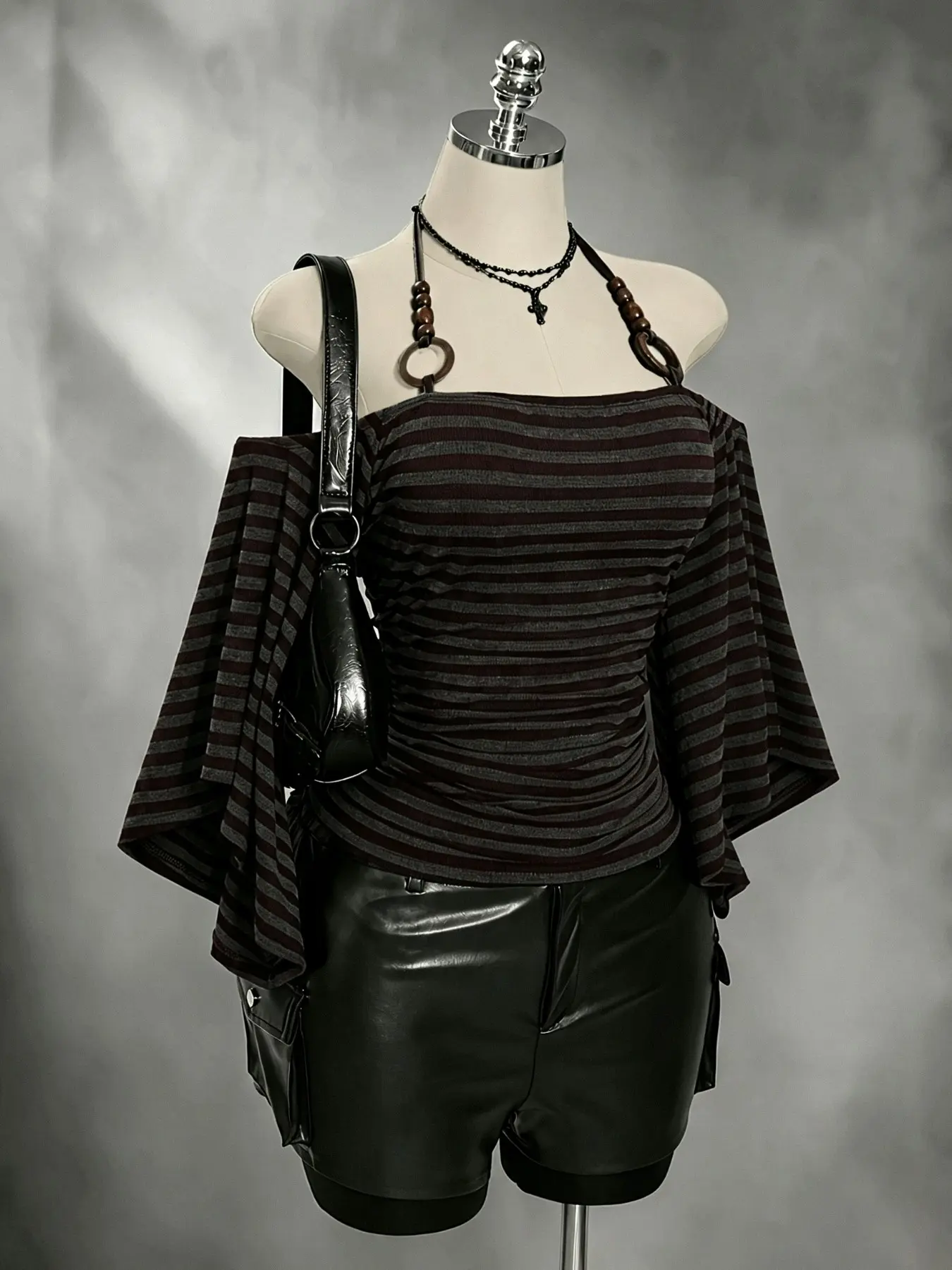 Y2K Sweet Cool Striped Wood Bead Necklace One-Shoulder Bell Sleeve Short T-Shirt, Horizontal Stripes, Waist Cinch, Flowy Design