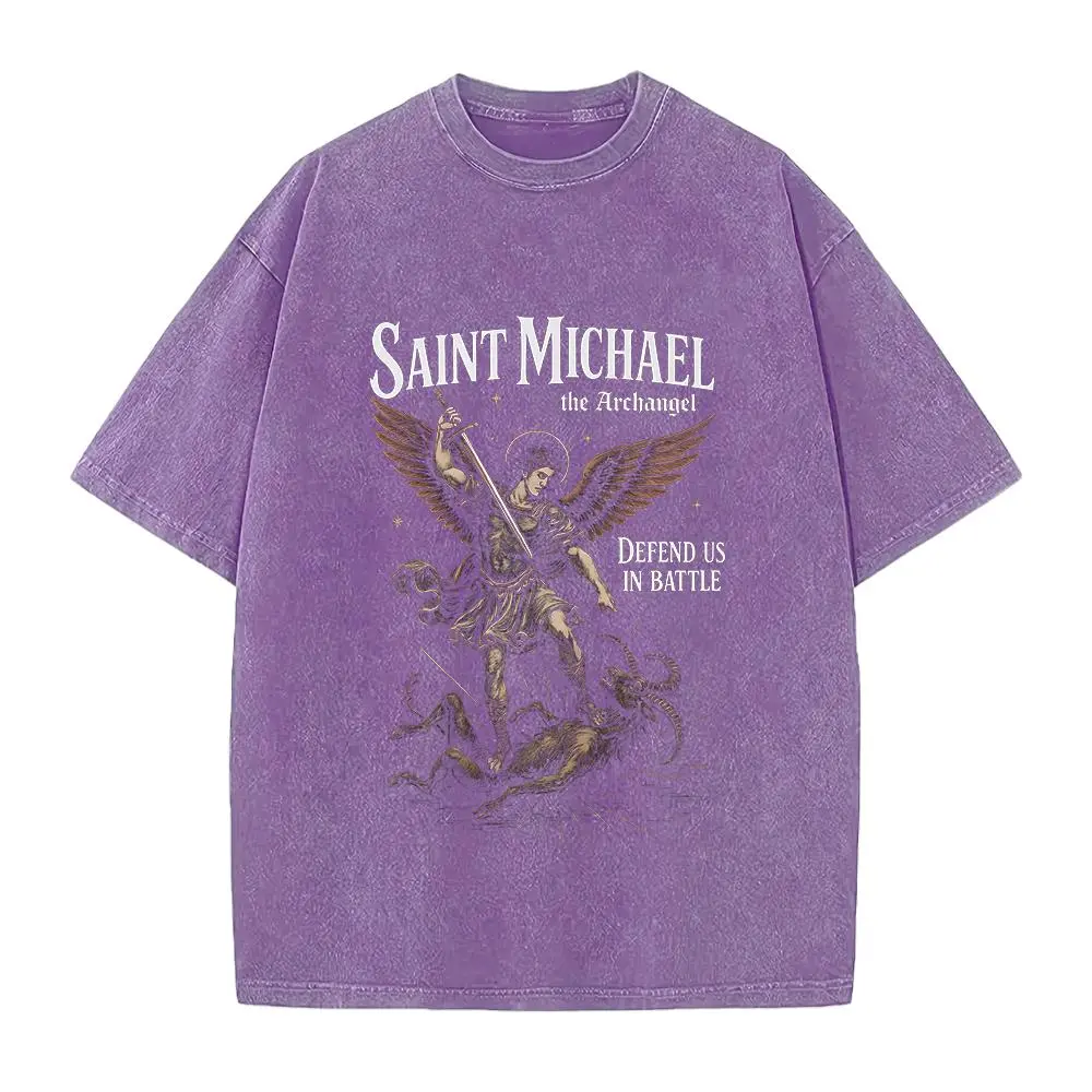 Men's Cotton Seamless Casual Graphic T-Shirt - St. Michael Archangel Design, Catholic Saint Quote, Defend Us in Battle Angel Prayer Tee