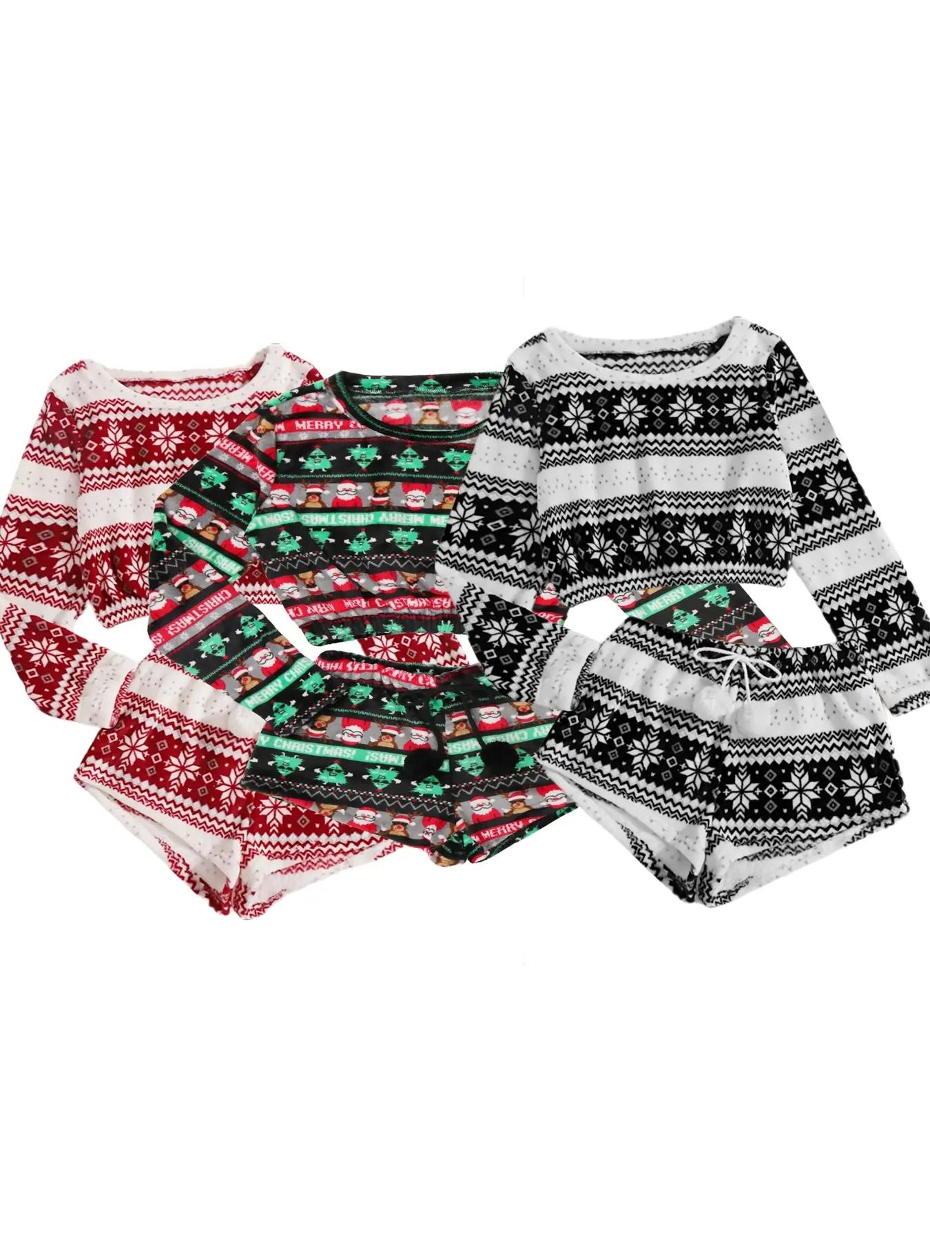 Women's Geometric Print Coral Fleece Loungewear Set, Fluffy Pajamas, Boho Long Sleeve Sleep Top & Pom Pom Decor Drawstring Shorts, Women's Sleepwear, Valentine's Day Gift for Girl