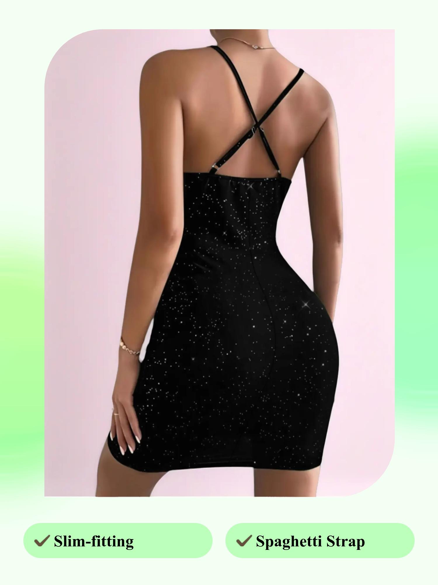 Women's Glitter Shimmer Cami Spaghetti Dress, Elegant Chic Fashion Casual Woven Bodycon Dress for Party Club Dating Wear, Women Dress for Summer