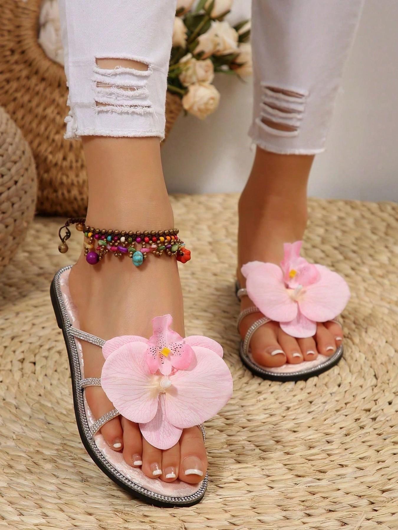 French 3D Flower Rhinestone Design Cute Fairy Commute Party Stickers, Soft Sweet Style Flat Sandals for Beach Wedding Office Home Outdoor Summer