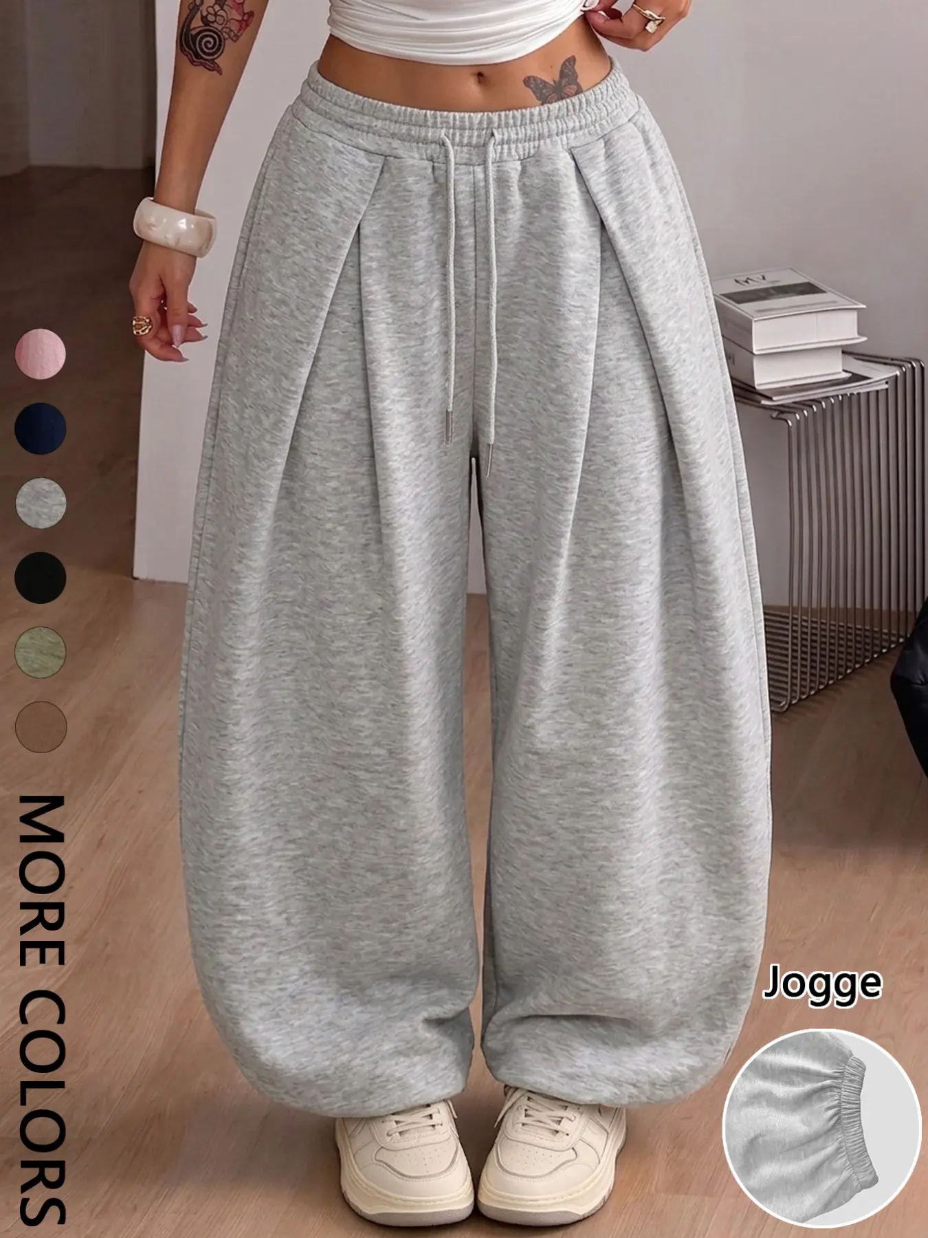 Women's Baggy Barrel Leg Sweatpants, Solid High Waisted Pleated Loose Fit Drawstring Casual Pants Jogger