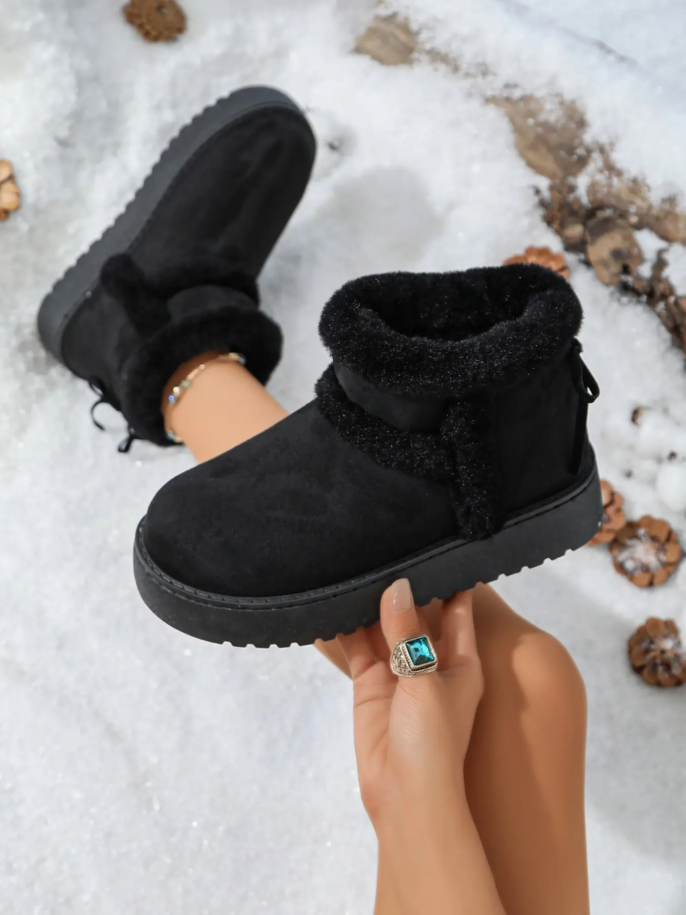 Women's Plush Trim Thick Sole Short Boot, Butterfly Knot Fleece Warm Cotton Boot, Autumn Winter Anti-Slip Height Boost Women's Boots