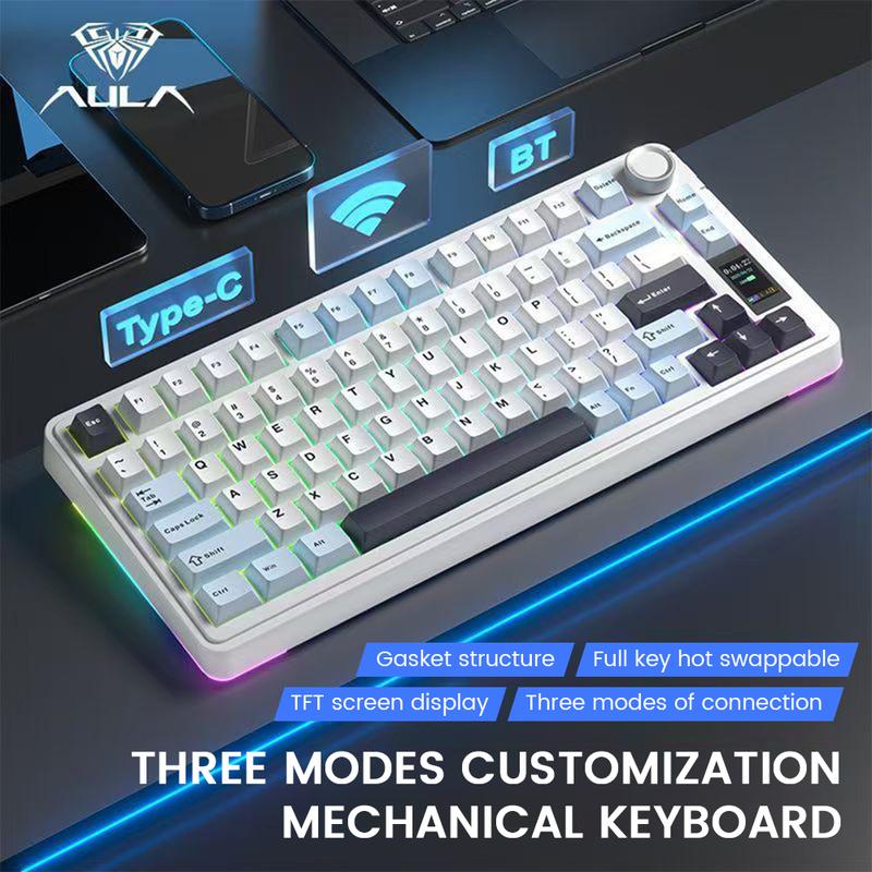 AULA S75Pro Wireless Mechanical Keyboard, Hot swappable keyboard, With Gasket Structure Featuring Five-layer Sound-Absorbing Filling Full-key Hot-Swap Design Multimedia Display RGB Lighting Effects Suitable For Office, e-Sports, Gaming