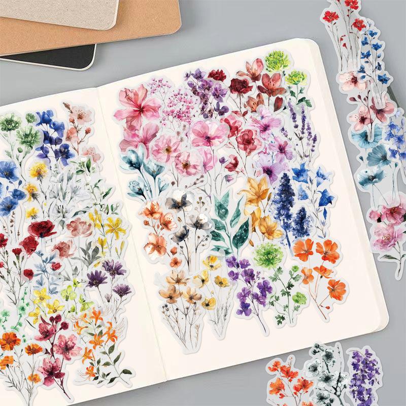 50 Watercolor Floral Transparent PET Stickers - Suitable for Waterproof Decorative DIY Stickers for Suitcases, Phone Cases, Laptops, Helmets, Skateboards