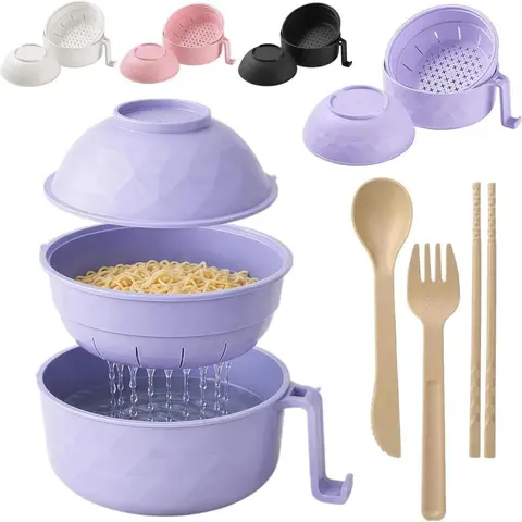 Insulated Purple Ramen Cooker Bowl Set with Filter Lid, Complete Supporting Utensils & Top Bowl Design Tableware, Home Supplies for Student Dormitories & Daily Gifting