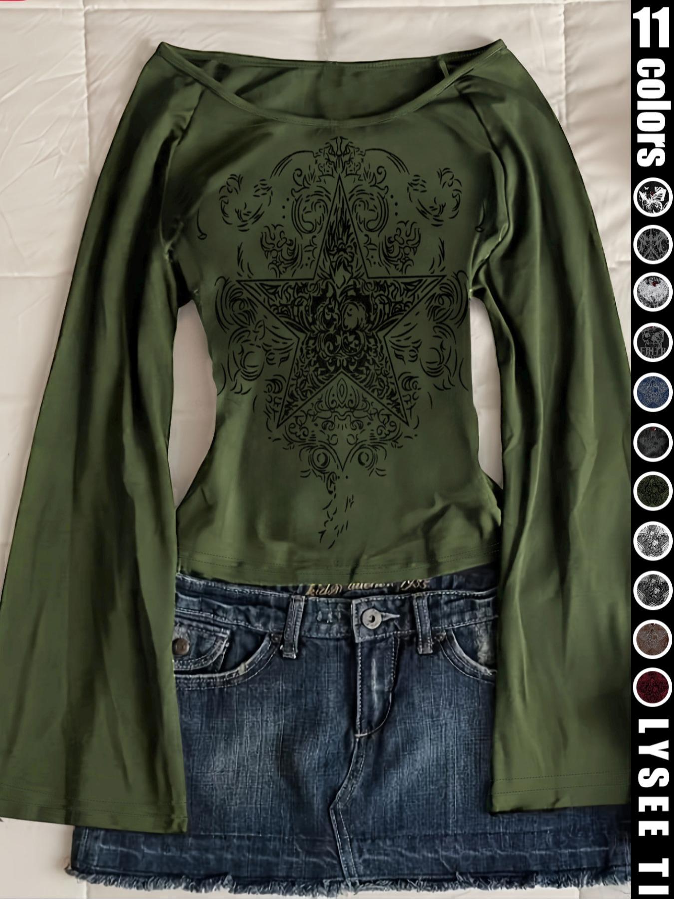 Fashion and casual Y2K women's Fitted five pointed star printed round neck flared sleeve top