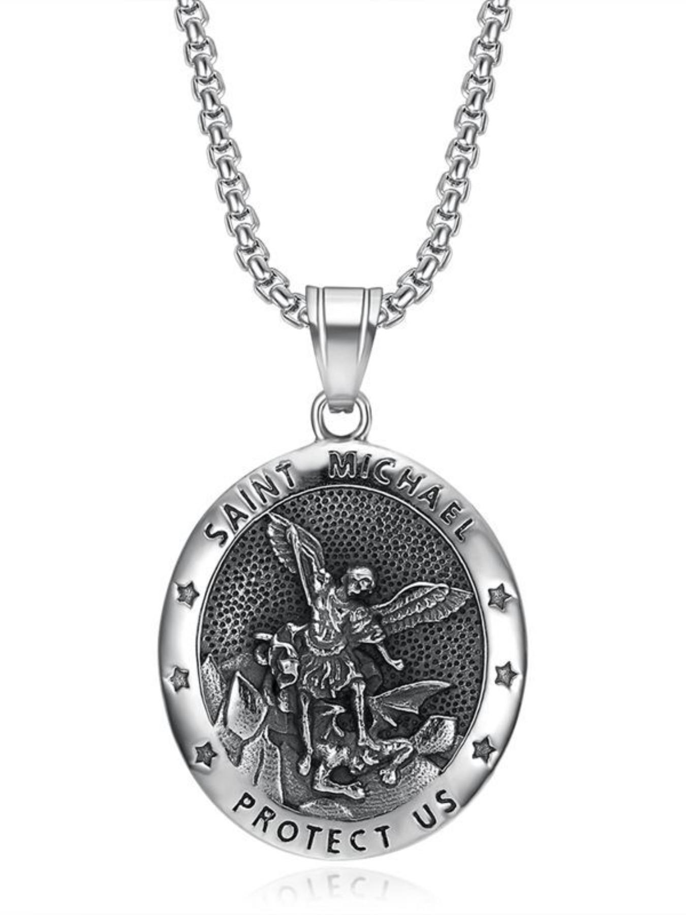 Vintage Saint Michael Angel Pendant Necklace, Unisex Titanium Steel Round Charm, Protective Jewelry for Men and Women, Unique Fashion Accessory