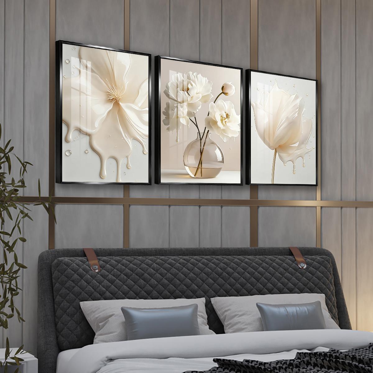 3 Counts Aluminum Alloy Framed Painting, Elegant White Liquid Floral Art Pictures, Home Decoration For Living Room, Bedroom, Office, Restaurant, Hallway Wall Decor, Odorless Print Artwork, Luxury Perfect Gift For Friends And Family