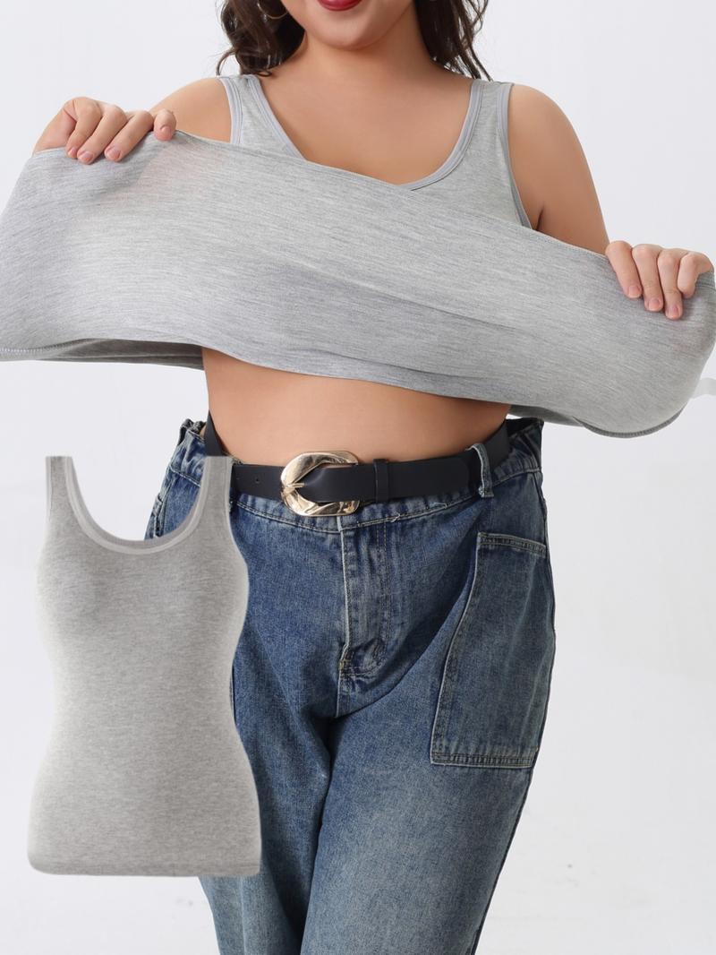【Plus Size】 Solid Color Wireless Tanks, Soft Comfortable Breathable Tanks with Built in Bra, Women's Underwear for Daily Wear