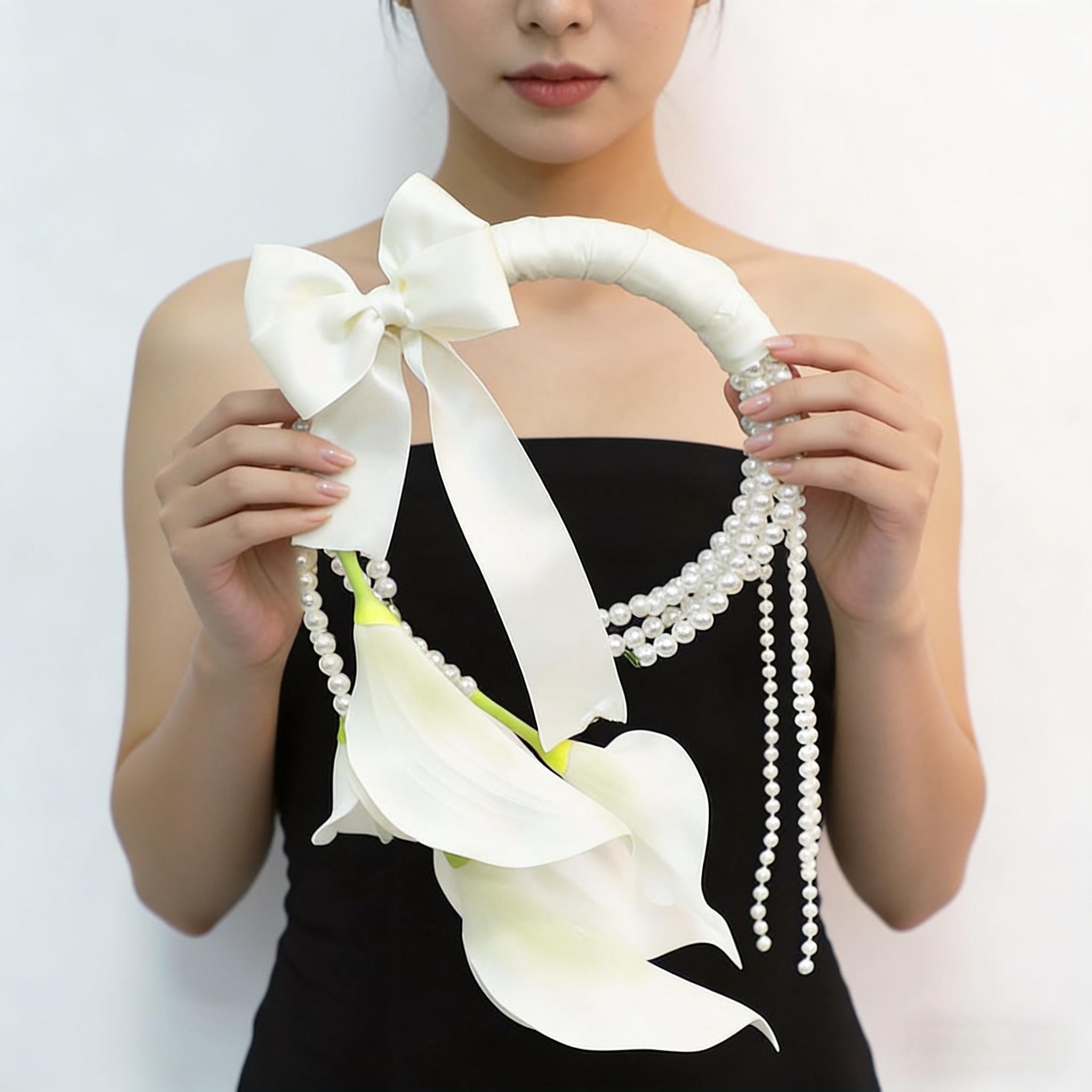 Lily and Pearl Bride Wrist Corsage, 37cm Artificial Flower Handheld Ring, Wedding Ceremony Engagement Party Decoration