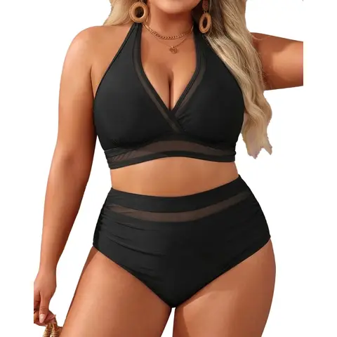 Tempt Me Women Plus Size Bikini High Waisted Swimsuits Mesh Tummy Control Two Piece Bathing Suit with Full Coverage Bikini Bottom