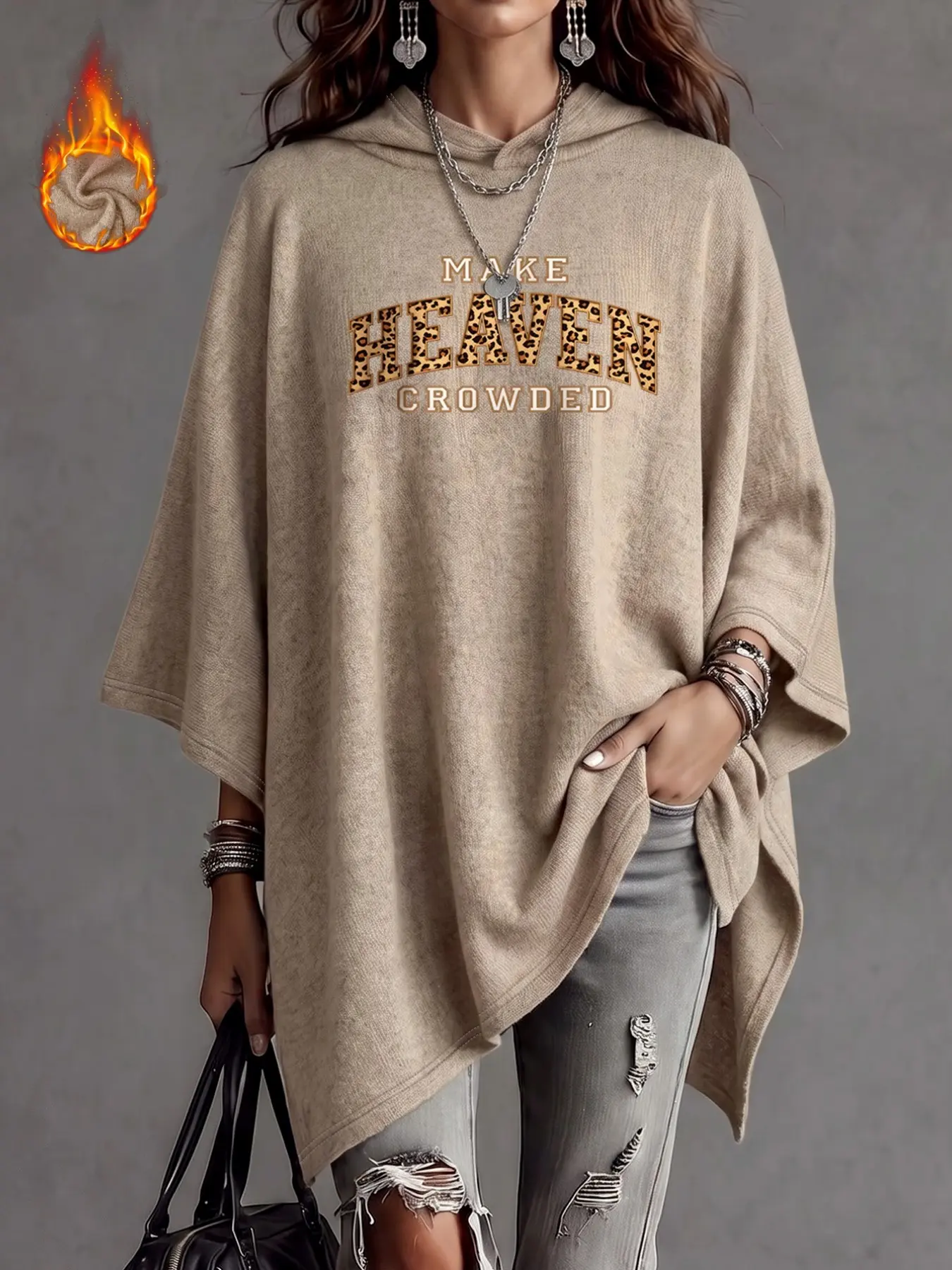 Leopard Print Letter Pattern Knit Cape, Fall Winter Women's Casual Fashion Hooded Cape, Loose-Fitting Regular Length Outerwear
