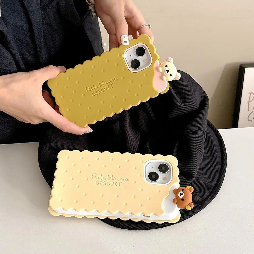 Funny Rilakkuma Bear Sandwich Biscuit Design 1-Piece Soft Silicone iPhone Series Case, Easy-Access Mobile Phone Accessory for iPhone 16,15,14,13,12,11 Pro Max, Accessories