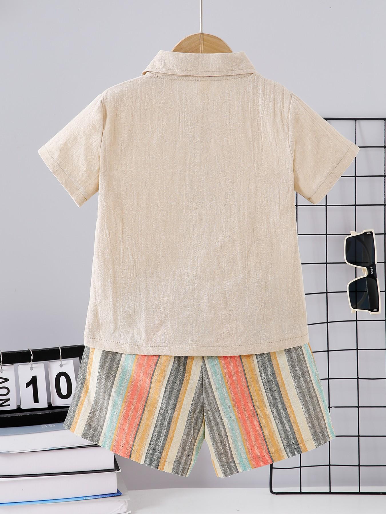 Boys' Summer New Solid Color Collar Button Polo Shirt, Short Sleeve Colorful Vertical Stripes, Casual Outdoor Wear, 2 Pieces Set