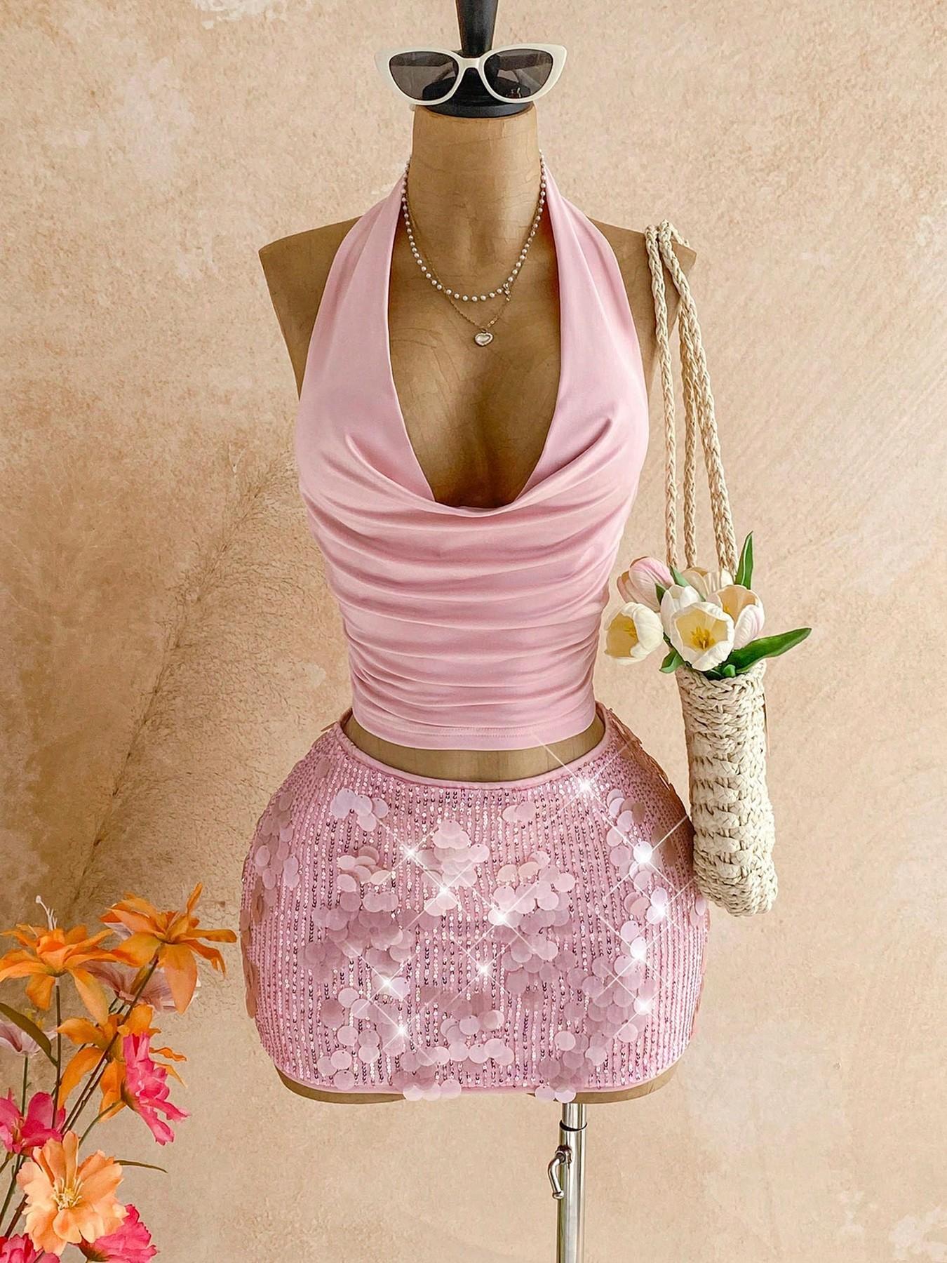 Elegant Party Set, Halter Neck Top & Sequin Rhinestone Mini Skirt, 2-Piece Ensemble for Special Occasions
