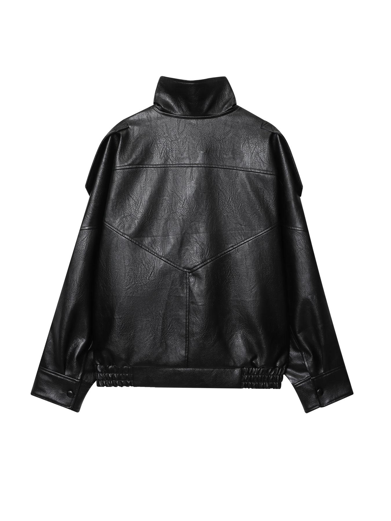 Bomb Jacket Black Faux Leather Jacket Stand Collar Oversized Moto Biker Jacket Elastic Hem Streetwear Casual Long Sleeve Waterproof Windproof Fashion Casual Outerwear for Spring & Fall, Ladies Clothes for Daily Wear
