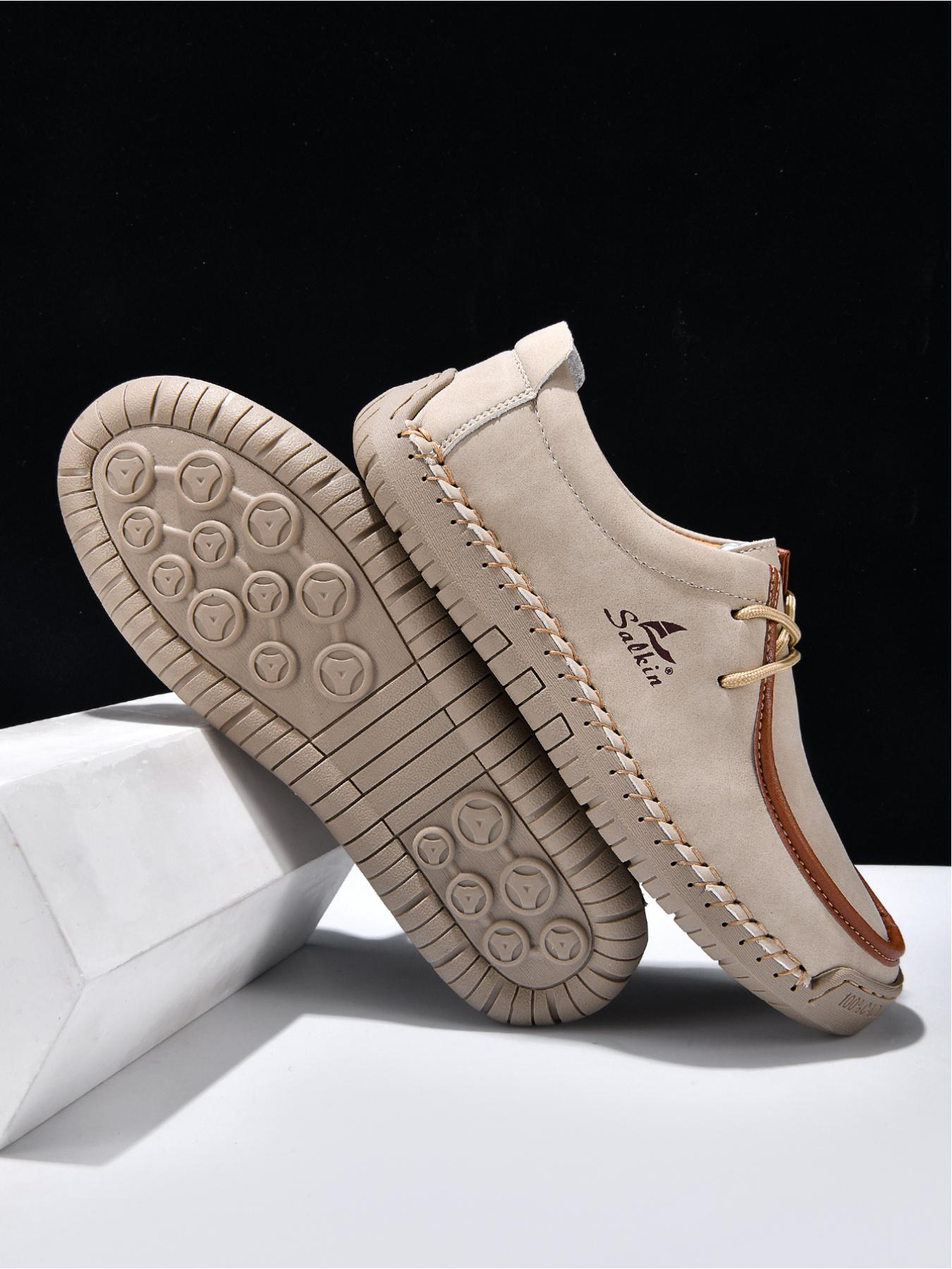 Men's Black Hand-Stitched Casual Shoes, Soft Sole Non-Slip Slip-On Driving Shoes, Dad Shoes