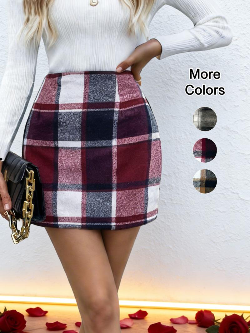 Women's Classic Plaid Woolen Mini Skirt, Spring & Fall High Waist Bodycon Dress, Valentine's Day, Elegant Style