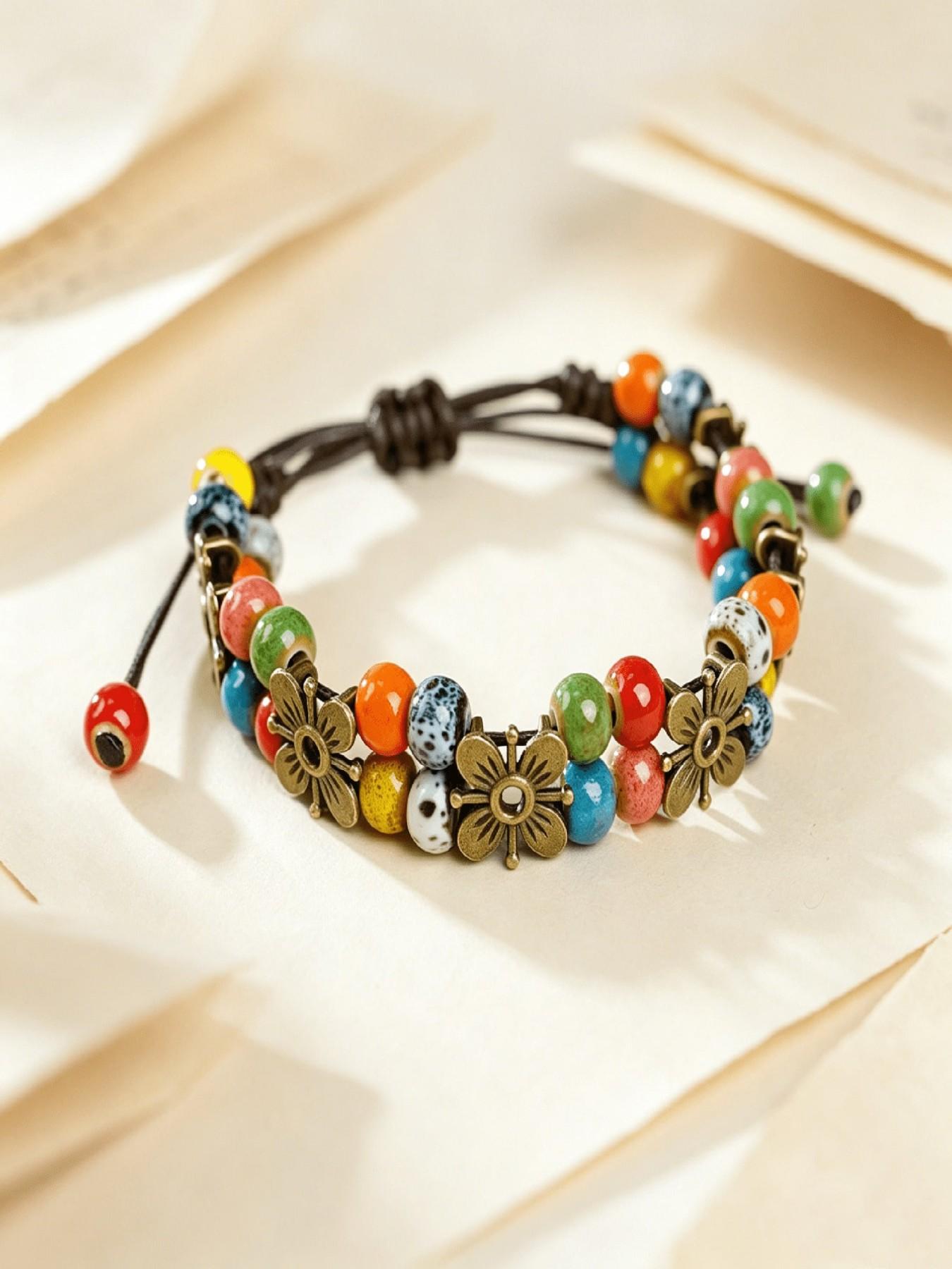 Bohemian Style Colorful Floral Beaded Women's Bracelet, Handmade Adjustable Bohemian Charm Bracelet, Vintage Fashion Jewelry, Random Color Beads