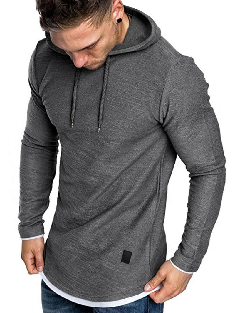Men's Regular Fit Patched Drawstring Hoodie, Casual Fitted Long Sleeve Contrast Binding Sweatshirt for Spring & Fall, Fashion Men's Clothes for Daily Wear