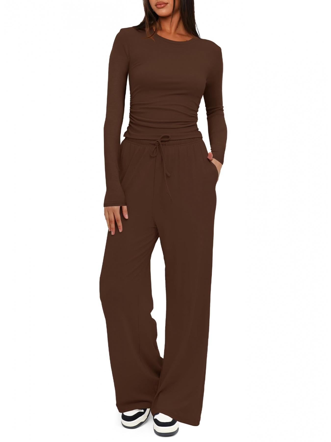 2026 Women's Solid Ruched Drawstring Loungewear Set, Casual Breathable Long Sleeve Round Neck Top & Pocket Wide Leg Trousers, Ladies Sleepwear for All Seasons Pajama Set
