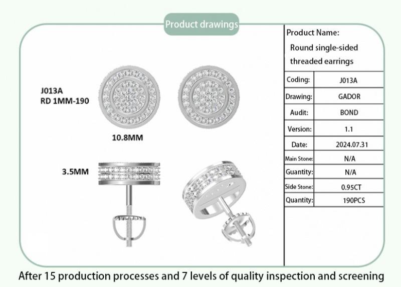 Round double ring S925 silver earrings with threaded moissanite D grade 0.95CT Silver Earrings