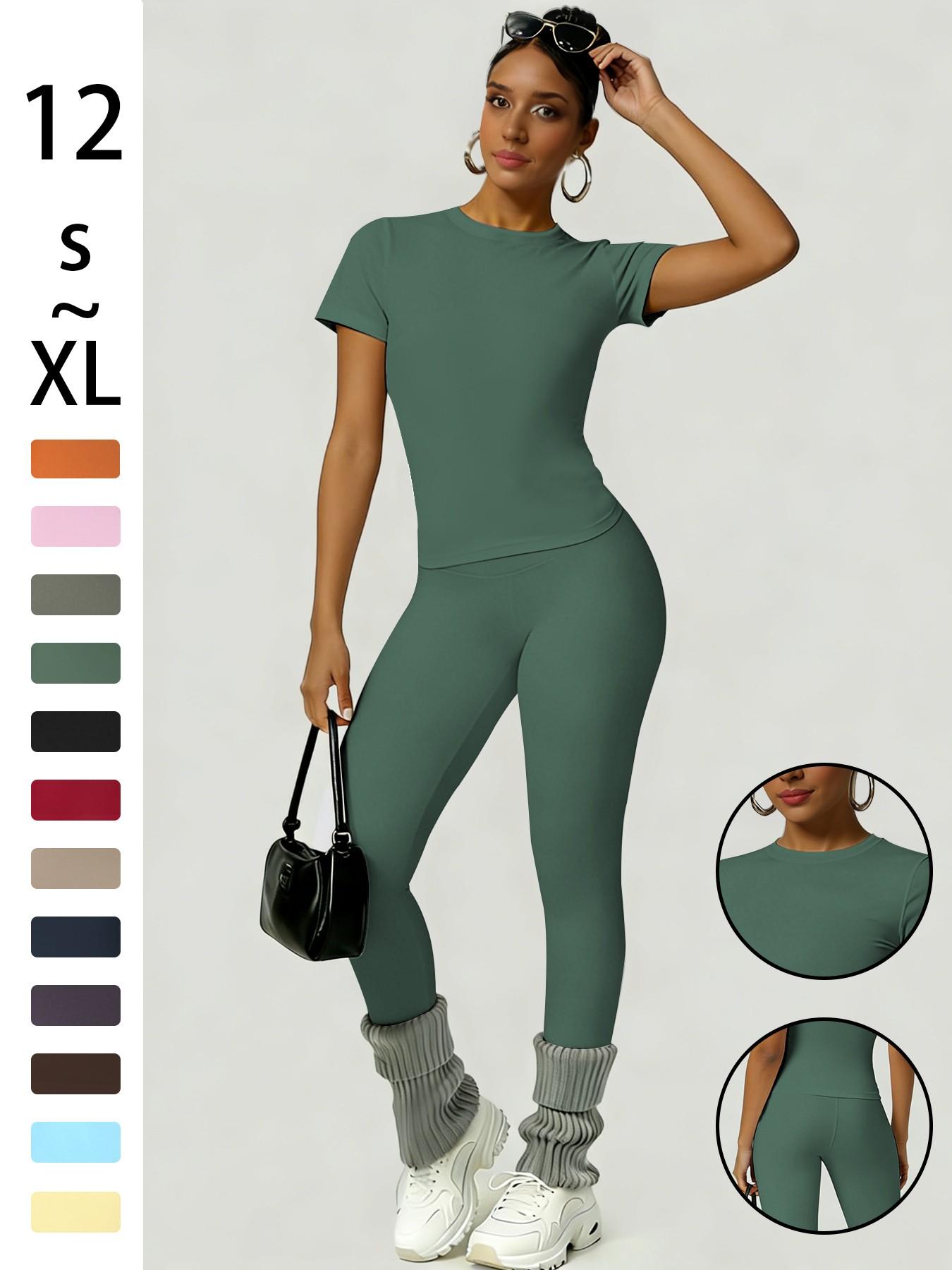 Women's Slim-Fit Round Neck Short Sleeves Top & High-Waisted Yoga Pants Sportswear Set, Ideal for Gym Running and Outdoor Activities