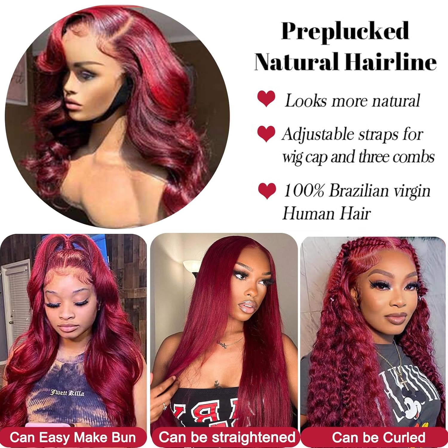 Burgundy Lace Front Wigs Human Hair 180% Density 99j 13X4 Body Wave Lace Front Wigs for Women Red Wigs Pre Plucked with Bleached Knots Natural Hairline