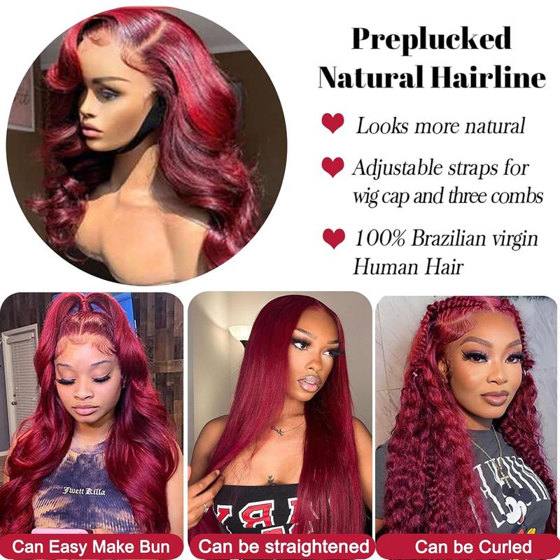 Burgundy Lace Front Wigs Human Hair 180% Density 99j 13X4 Body Wave Lace Front Wigs for Women Red Wigs Pre Plucked with Bleached Knots Natural Hairline
