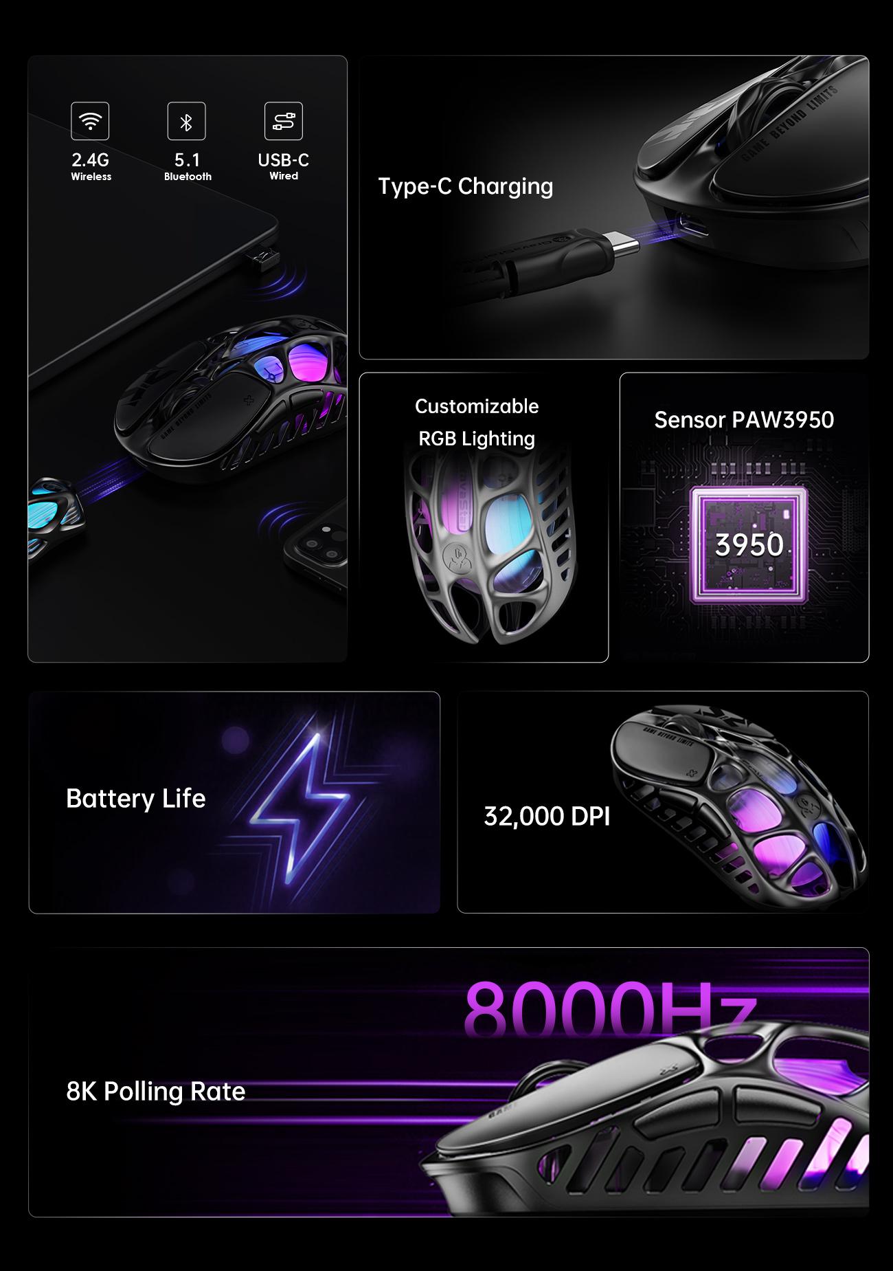 GravaStar Mercury X Pro Wireless Gaming Mouse 32,000 DPI PAW 8,000Hz Polling Rate Magnesium Alloy RGB Tri Mode Connectivity Spring Tok Lightweight 49g