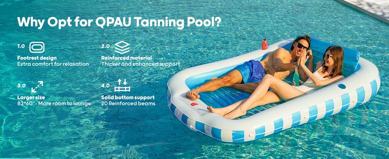 QPAU 2 Person Inflatable Tanning Pool with Extras: Extra Large 82"x60" Sunbathing Float for Adults, Removable Pillow, 2 Cup Holders, Grip Rope & Footrest for Backyard Pool Beach Lounge